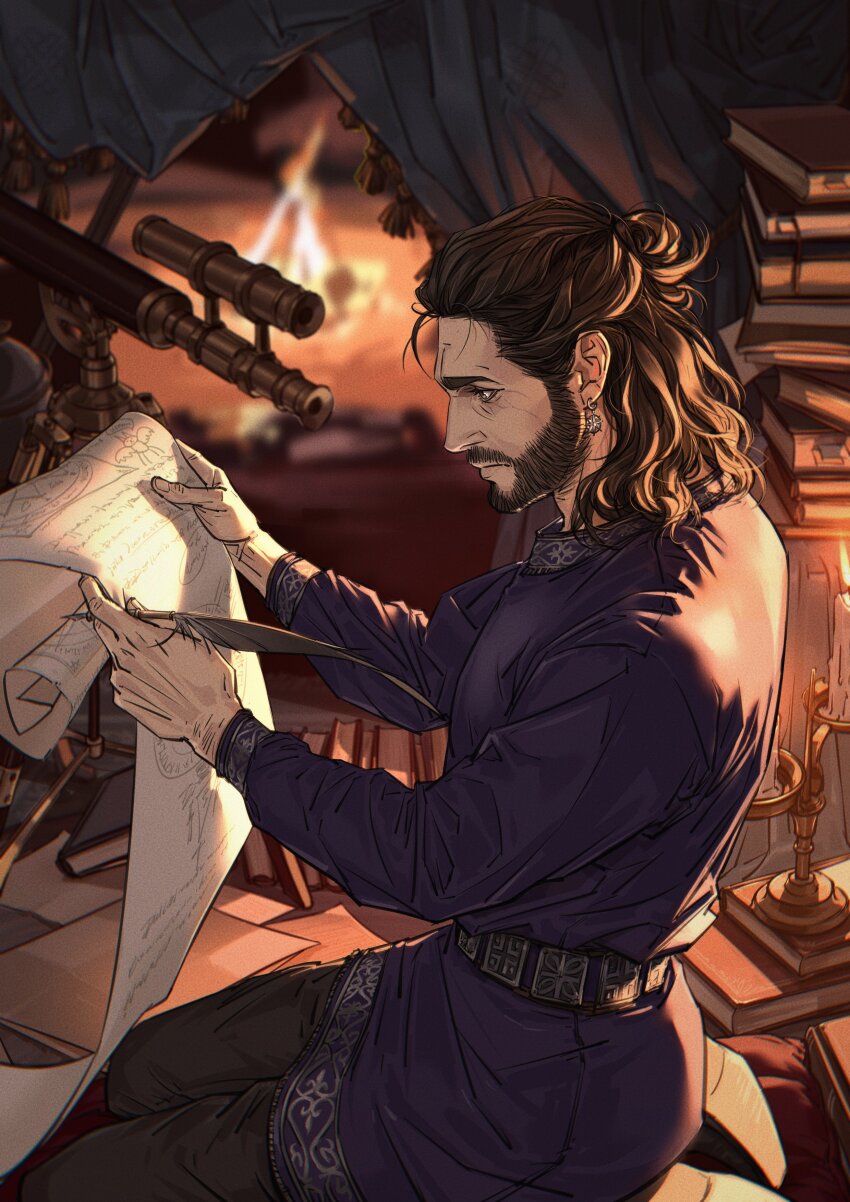 1boy absurdres arm_hair baldur&#039;s_gate baldur&#039;s_gate_3 beard belt black_pants book book_stack brown_eyes brown_hair candle candlelight candlestand curtains doodles dungeons_&amp;_dragons earrings facial_hair fire_light fireplace from_side full_beard gale_(baldur&#039;s_gate) hair_bun highres holding holding_quill holding_scroll jewelry kneeling left-handed library looking_at_object magic_research male_focus mature_male medium_hair metal_belt nyeigneous on_floor pants papers purple_tunic quill reading scattered_books scattered_paper scroll seiza silver_earrings silver_trim single_earring sitting star_(symbol) star_earrings study_(room) studying tassel telescope tunic