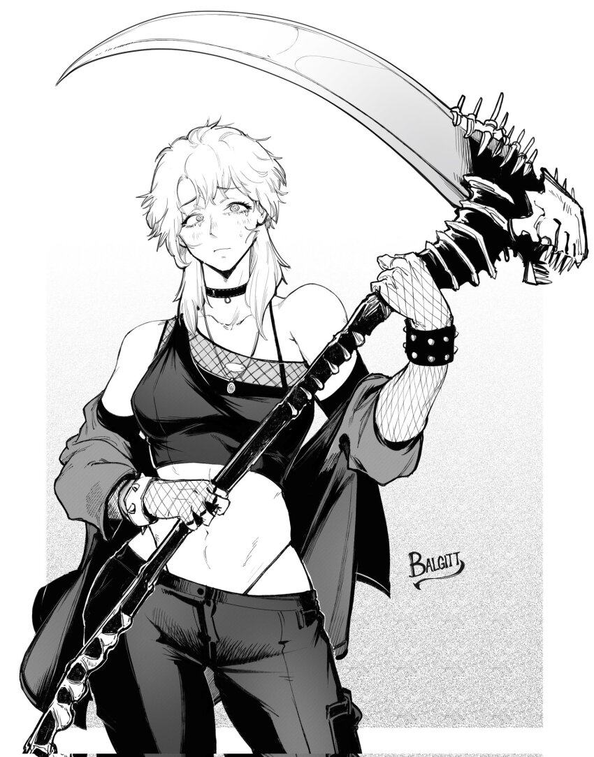 1girl artist_name breasts chainsaw_man choker earrings gloves goth_fashion greyscale hair_between_eyes highres holding jewelry large_breasts looking_at_viewer medium_hair messy_hair monochrome ringed_eyes shirt signature simple_background solo twitter_username victorbalgitt white_haired_girl_(chainsaw_man)