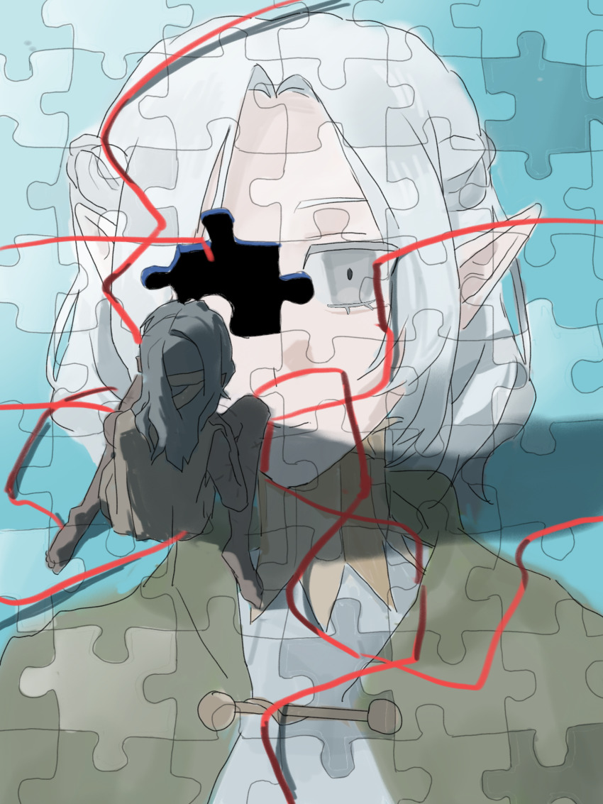 2boys barefoot brown_shirt chinese_commentary commentary_request dark-skinned_male dark_skin dungeon_meshi from_above grey_eyes grey_hair highres jigsaw_puzzle jyfuig long_hair male_focus mithrun multiple_boys pointy_ears puzzle scar scar_on_arm scar_on_leg shirt short_hair sitting sleeveless sleeveless_shirt thistle_(dungeon_meshi) wariza white_hair