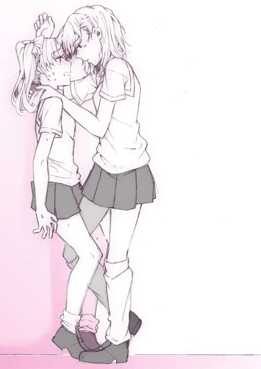 2girls absurdres blush bow commentary_request hair_bow higashizukihi_sei highres holding_another&#039;s_hair kabedon long_hair medium_hair misaka_mikoto multiple_girls open_mouth parted_lips shirai_kuroko sweat toaru_kagaku_no_railgun toaru_majutsu_no_index twintails yuri