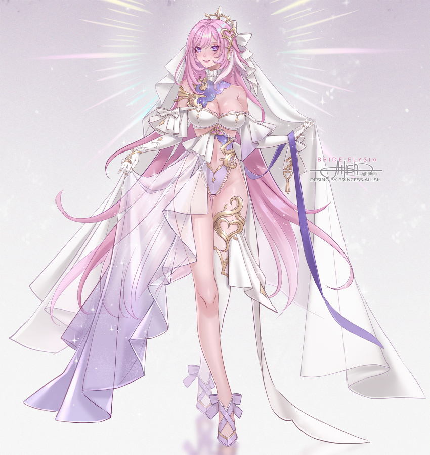 1girl alternate_costume artist_name bare_shoulders bra breasts bridal_gauntlets bridal_lingerie bridal_veil character_name cleavage dress elysia_(herrscher_of_human:_ego)_(honkai_impact) elysia_(honkai_impact) full_body grey_background hair_between_eyes high_heels highres honkai_(series) honkai_impact_3rd instagram_logo large_breasts lingerie long_hair midriff_peek navel patreon_logo pink_eyes pink_hair princess_ailish purple_footwear see-through_clothes see-through_dress signature single_bare_leg single_thighhigh standing thighhighs twitter_logo typo underwear veil very_long_hair watermark wedding_dress white_bra white_bridal_gauntlets white_thighhighs white_veil