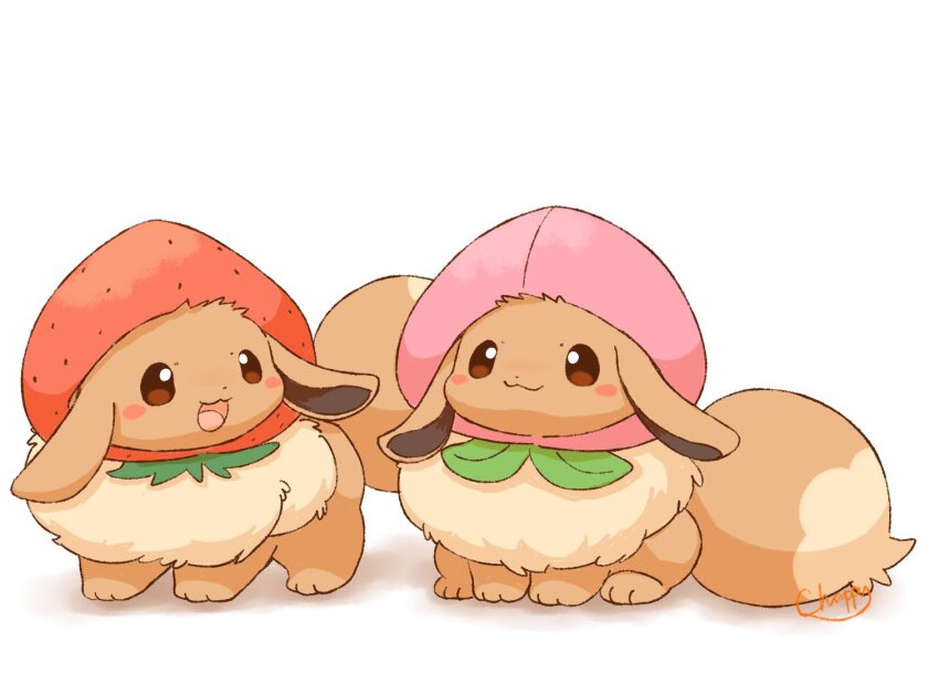 :3 :d blush_stickers brown_eyes brown_fur closed_mouth commentary_request eevee fruit_costume gen_1_pokemon mimix neck_fur nintendo no_humans open_mouth pokemon pokemon_(creature) pokemon_focus signature simple_background smile strawberry_costume tail white_background