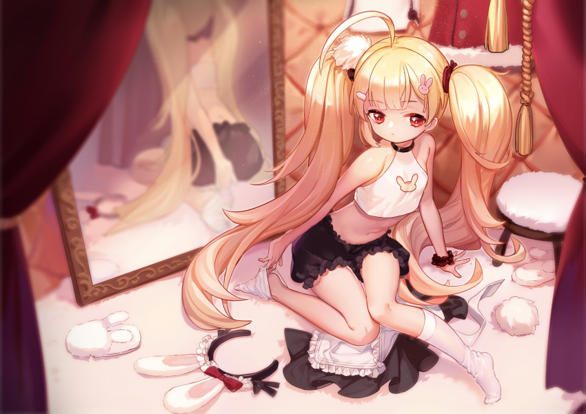1girl absurdres ahoge animal_ears apron azur_lane bare_arms bare_shoulders black_bloomers black_hairband black_scrunchie black_skirt blonde_hair bloomers closed_mouth commentary_request curtains eldridge_(azur_lane) fake_animal_ears female_focus frilled_apron frills full_body hair_ornament hairband hairclip highres kneehighs kneehighs_pull kotoba_(610430468) long_hair mirror no_shoes on_floor rabbit_cutout rabbit_ears rabbit_hair_ornament red_eyes reflection scrunchie shirt skirt sleeveless sleeveless_shirt socks solo stool twintails underwear undressing unworn_hairband unworn_skirt very_long_hair waist_apron white_apron white_shirt white_socks wrist_scrunchie