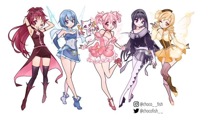 5girls adapted_costume akemi_homura ankle_bow ankle_ribbon argyle_clothes argyle_pantyhose armlet armpits arms_behind_head bad_id bad_twitter_id bag bare_legs bare_shoulders belt beret black_bow black_hair black_hairband black_thighhighs blonde_hair blue_belt blue_boots blue_capelet blue_eyes blue_gemstone blue_gloves blue_hair blue_shirt blue_skirt blue_sleeves blue_wings boots bow bow_choker breasts bridal_gauntlets brown_boots brown_collar brown_corset brown_hat brown_thighhighs bubble_skirt capelet chest_jewel chocofish choker cleavage cleavage_cutout closed_mouth clothing_cutout collar collarbone collared_capelet collared_shirt commentary corset covered_navel demon_wings detached_collar detached_sleeves dot_nose dress dress_bow drill_hair english_commentary fairy fairy_wings fingerless_gloves flower_hairpin food food_in_mouth frilled_skirt frilled_sleeves frills full_body fur_bag gem gloves grin hair_between_eyes hair_bow hair_over_shoulder hairband hand_on_own_hip hand_up happy hat hat_feather high_heel_boots high_heels high_ponytail highres instagram_username jewelry kaname_madoka knee_boots knees kyubey leg_up long_dress long_hair long_sleeves looking_at_viewer magical_girl mahou_shoujo_madoka_magica mahou_shoujo_madoka_magica_(anime) miki_sayaka miniskirt multicolored_boots multiple_girls nail_polish no_socks off-shoulder_dress off_shoulder one_eye_closed pale_skin pantyhose parody pink_bow pink_dress pink_eyes pink_gemstone pink_gloves pink_hair pink_skirt pink_sleeves pink_wings pocky pocky_in_mouth ponytail puffy_long_sleeves puffy_short_sleeves puffy_sleeves pumps purple_bridal_gauntlets purple_capelet purple_eyes purple_nails purple_pantyhose purple_shirt purple_shoes purple_skirt purple_wings red_boots red_bow red_choker red_dress red_eyes red_gemstone red_gloves red_hair red_shoes red_shorts ribbon sakura_kyoko shelf shirt shoes short_hair short_shorts short_sleeves short_twintails shorts shorts_under_dress shoulder_bag simple_background skirt skirt_under_dress sleeveless sleeveless_dress smile straight_hair strapless strapless_shirt striped_clothes striped_thighhighs studded_belt tareme thighhighs tomoe_mami tsurime twin_drills twintails twitter_username two-sided_capelet two-sided_dress two-sided_fabric two-tone_boots two-tone_shirt vertical-striped_clothes vertical-striped_thighhighs very_long_hair watermark white_background white_shirt wings winx_club yellow_bag yellow_bow yellow_gemstone yellow_skirt yellow_sleeves yellow_wings