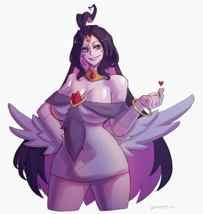 1girl bangle black_hair bracelet breasts brown_eyes collarbone colored_inner_hair colored_skin commentary cosmikaizer english_commentary eyeshadow finger_heart heart jewelry large_breasts looking_to_the_side low_wings macross macross_plus makeup multicolored_hair purple_eyeshadow purple_hair purple_skin sharon_apple solo wings
