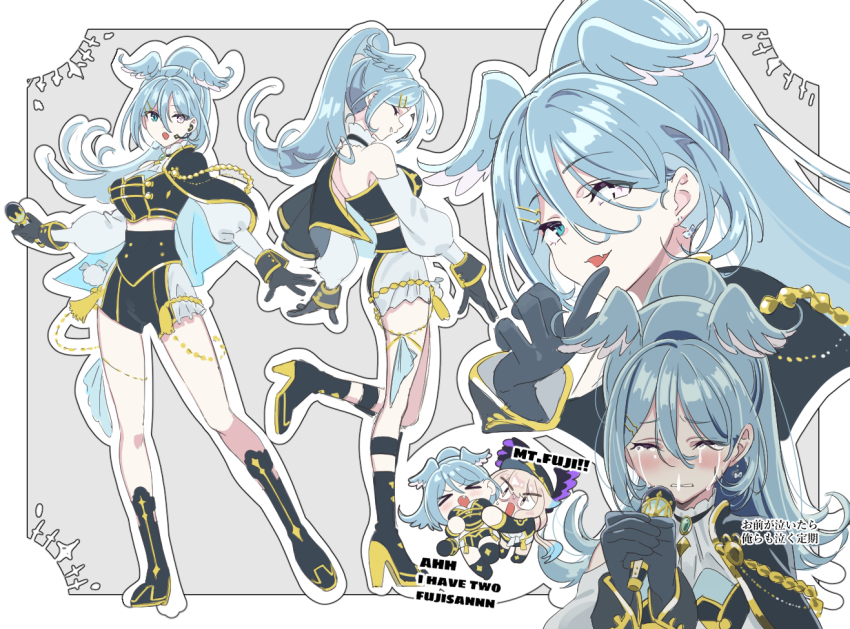 2girls ahoge aiguillette bird_girl black_gloves blue_hair blue_wings blush boots breasts cropped_vest crying elira_pendora enna_alouette fang gloves gold_trim head_wings heterochromia high_heel_boots high_heels high_ponytail idol_clothes large_breasts looking_at_viewer low_twintails multicolored_hair multiple_girls nijisanji nijisanji_en nijisanji_idol_uniform npppiyo official_alternate_hairstyle ponytail purple_wings side_cape skin_fang tears twintails two-sided_capelet vest weewa_(elira_pendora) white_hair wings