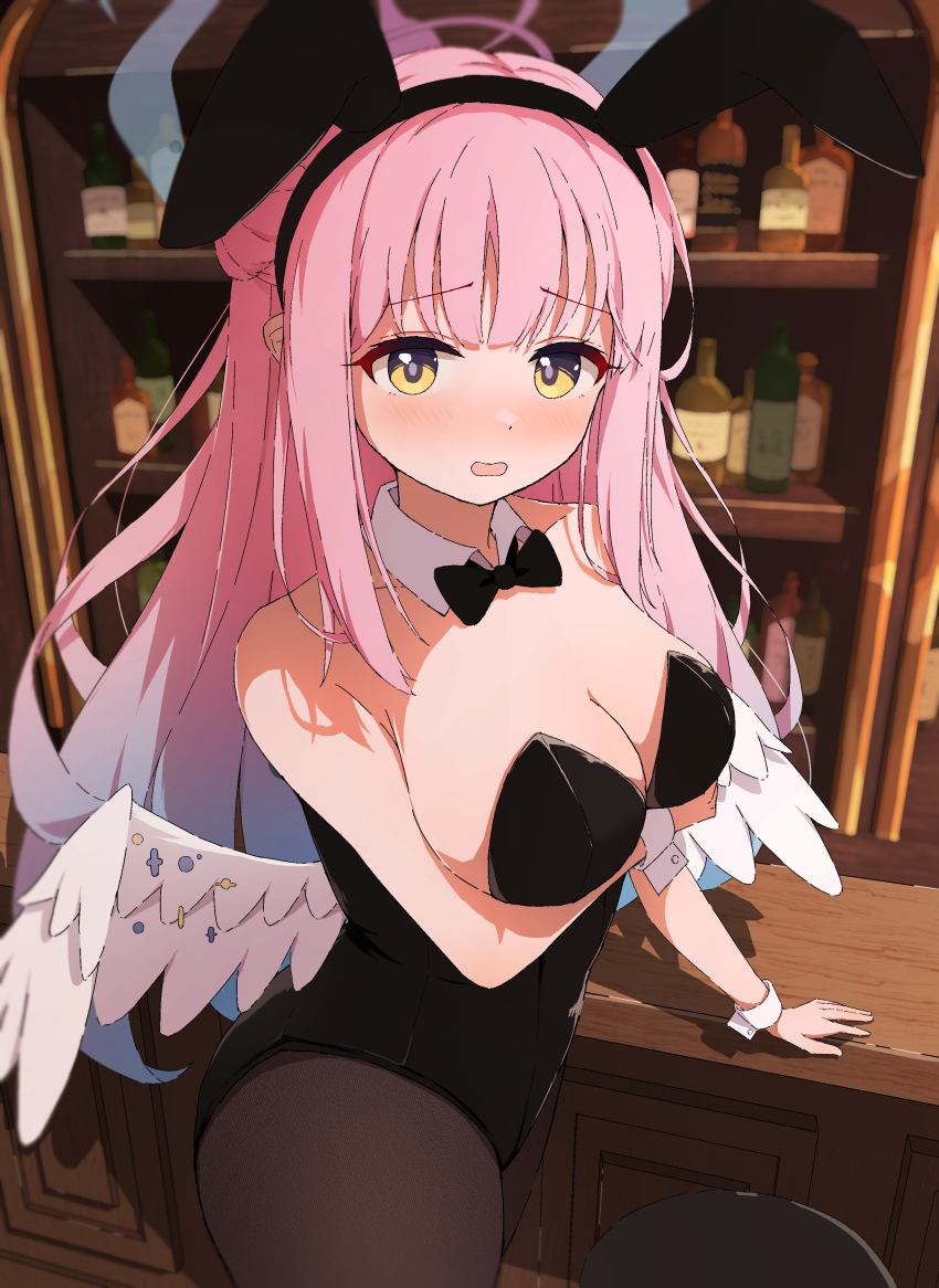 1girl absurdres alternate_costume animal_ear_hairband animal_ears arm_under_breasts bare_arms bare_shoulders black_bow black_bowtie black_hairband black_leotard black_pantyhose blue_archive blush bow bowtie breasts cleavage fake_animal_ears feathered_wings hairband highres large_breasts leotard long_hair looking_at_viewer mika_(blue_archive) moru_(moru20000) open_mouth pantyhose pink_hair rabbit_ear_hairband rabbit_ears sidelocks solo strapless strapless_leotard wings wrist_cuffs yellow_eyes