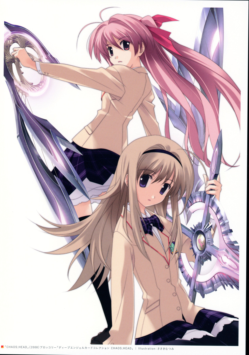 2008 2girls absurdres ahoge antenna_hair black_hairband black_skirt black_thighhighs blazer blonde_hair bow bowtie breasts brown_jacket chaos;head collared_shirt d-sword dated dynamic_pose ears_visible_through_hair frills glowing hair_bow hair_ribbon hairband highres holding holding_weapon jacket kneehighs layered_skirt long_hair looking_at_viewer looking_back multiple_girls nishijou_nanami non-web_source official_art open_mouth pantyhose petticoat pink_bow pink_eyes pink_hair plaid_bow plaid_bowtie plaid_clothes plaid_skirt purple_eyes ribbon sakihata_rimi sasaki_mutsumi scan school_emblem school_uniform serious shirt skirt socks suimei_academy suimei_school_uniform sword thighhighs twintails very_long_hair weapon white_background white_petticoat white_shirt
