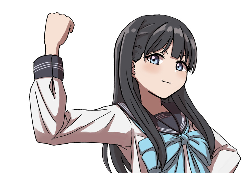1girl absurdres akebi-chan_no_serafuku akebi_komichi black_hair blue_bow blue_eyes bow clenched_hand highres kakikakuka long_hair long_sleeves looking_at_viewer raised_fist sailor_collar school_uniform serafuku smile upper_body white_background