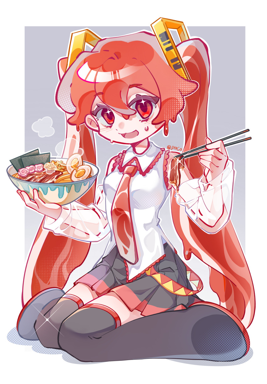 absurdres adapted_costume alternate_color alternate_hair_color black_boots black_skirt boots chinese_commentary chopsticks commentary_request detached_sleeves food fried_egg hatsune_miku highres holding long_hair looking_at_viewer meat necktie niku_miku_(nankai) noodles open_mouth poco_(shulanzi275) ramen red_hair red_necktie shirt sitting skirt sleeveless sleeveless_shirt thigh_boots thighhighs twintails very_long_hair vocaloid white_shirt zettai_ryouiki