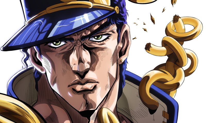 1boy araki_hirohiko_(style) blue_hair blue_hat broken broken_chain chain close-up earrings grandguerrilla green_eyes hat highres jewelry jojo_no_kimyou_na_bouken kuujou_joutarou looking_at_viewer male_focus parted_lips peaked_cap portrait sanpaku simple_background solo stardust_crusaders stud_earrings white_background