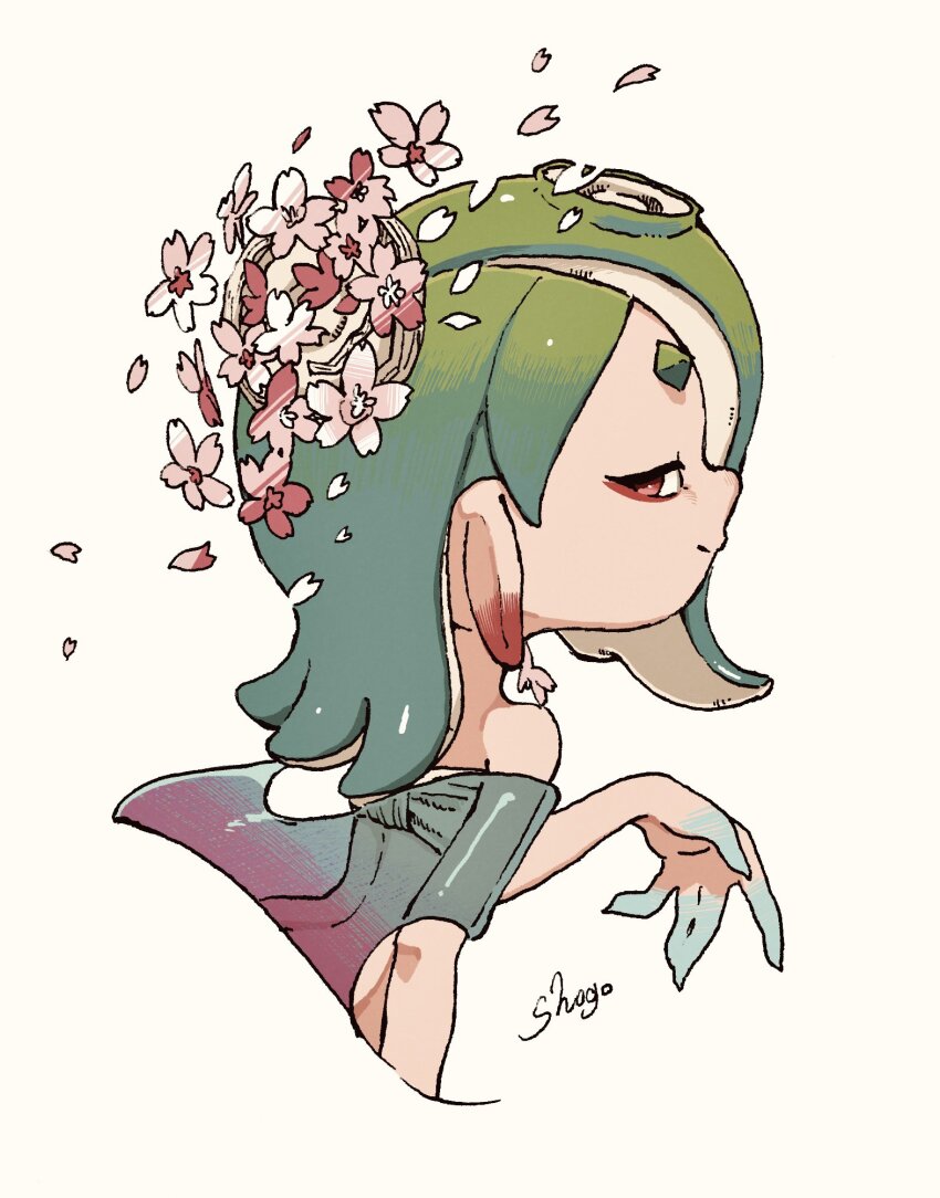 1girl aqua_hair arm_at_side artist_name bare_shoulders bird_nest chest_sarashi closed_mouth commentary_request cropped_torso earrings flower flower_earrings from_behind green_hair green_shawl hair_flower hair_ornament hair_over_one_eye hand_up highres jewelry long_hair multicolored_hair nest nest_on_head nintendo octoling official_alternate_costume official_alternate_hair_color pink_flower red_eyes sarashi see-through_clothes see-through_shawl shawl shiver_(splatoon) shiver_(springfest)_(splatoon) shogo_(shogo70449442) short_eyebrows sideways_glance simple_background solo splatoon_(series) splatoon_3 suction_cups tentacle_hair two-tone_hair white_background