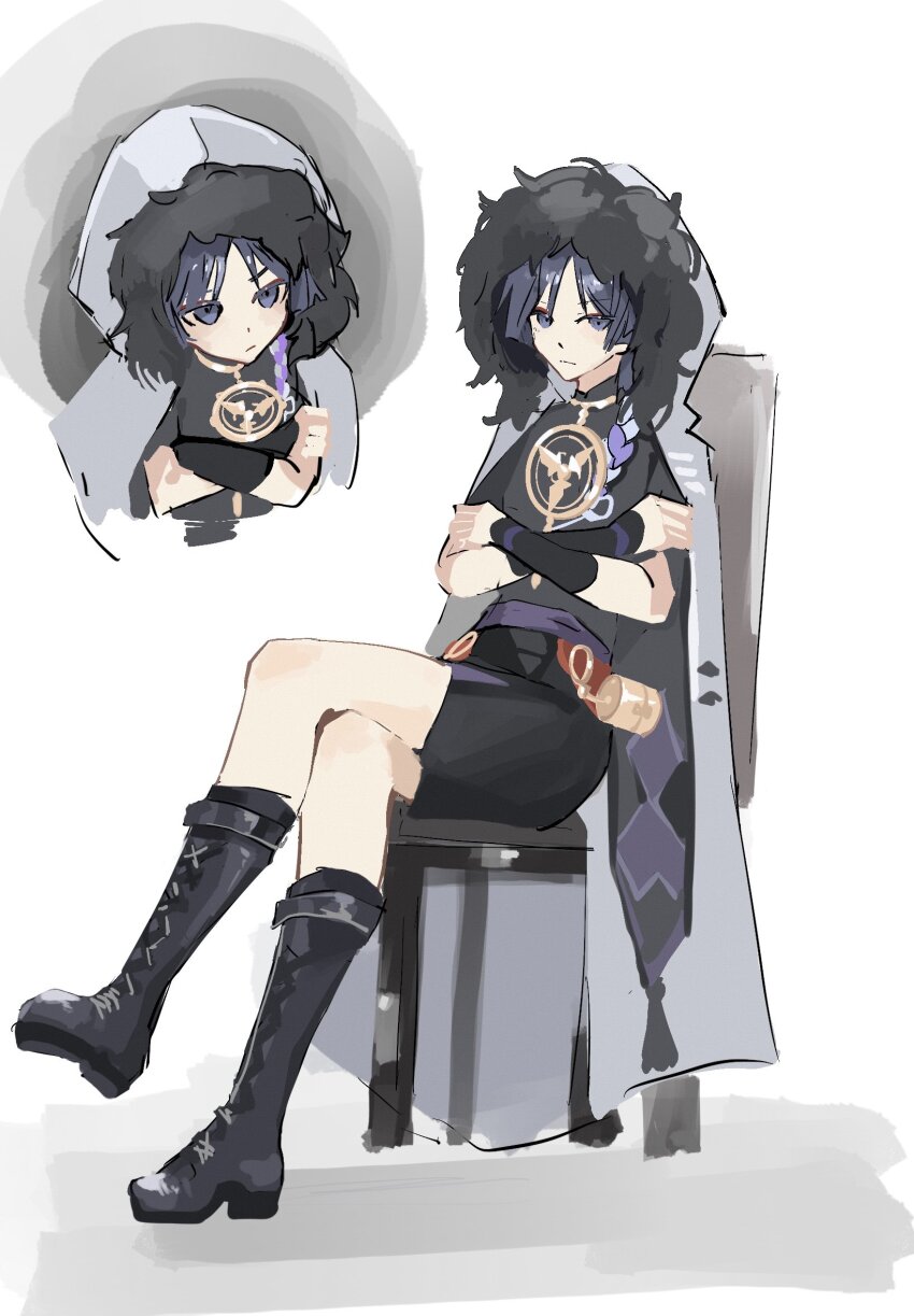 1boy armor black_bodysuit black_shorts blunt_ends bodysuit boots chair coat cross-laced_footwear crossed_arms crossed_legs cylinder fur-trimmed_coat fur_trim genshin_impact gold highres hood japanese_armor knees kote kurokote male_focus mandarin_collar mitsudomoe_(shape) multiple_views parted_bangs purple_eyes purple_hair purple_rope rope scaramouche_(genshin_impact) shimenawa shorts sitting suyi42478390 thighs tomoe_(symbol) white_background white_coat white_rope