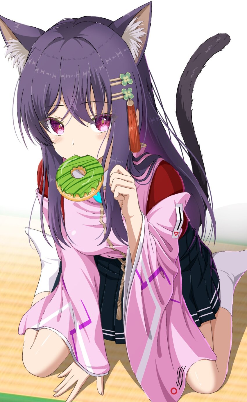 1girl animal_ears animal_hands black_hair breasts cat_ears cat_girl cat_paws cat_tail donut food hair_ornament heaven_burns_red highres long_hair long_sleeves medium_breasts mochimugi_rice nikaidou_misato purple_eyes red_eyes sidelocks sitting skirt socks solo tail wariza white_socks wide_sleeves