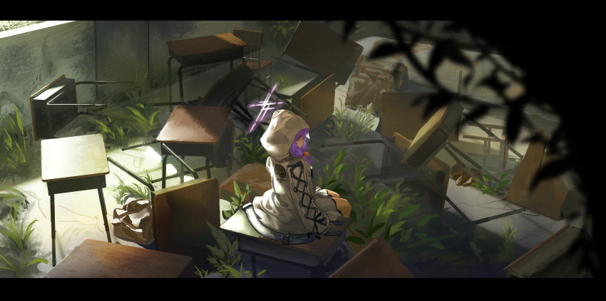 1girl abandoned aircctzillie atsuko_(blue_archive) black_gloves blue_archive classroom closed_mouth desk facing_away gloves halo highres hood hood_up jacket medium_hair on_desk overgrown plant purple_hair purple_halo red_eyes school_desk sitting white_jacket wide_shot