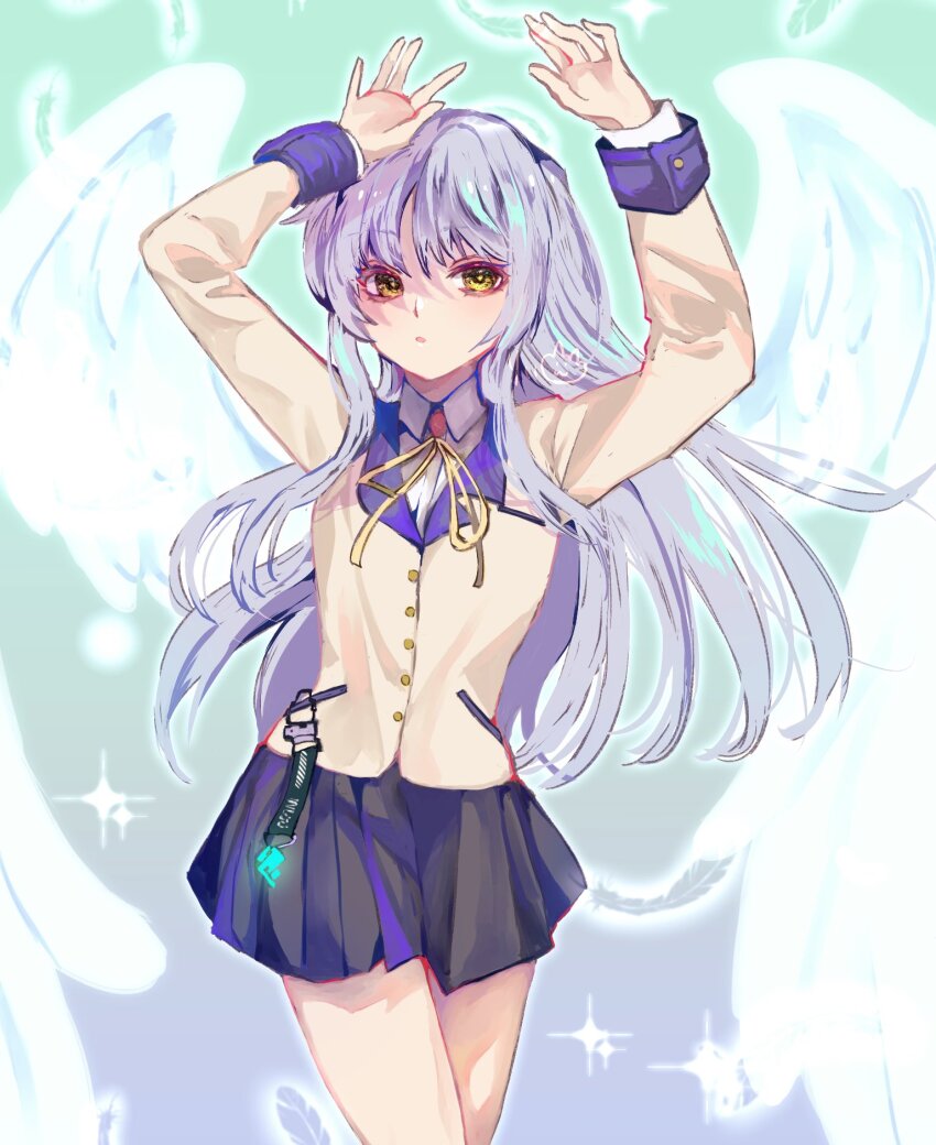 1girl angel angel_beats! angel_wings arms_up black_skirt blazer colored_eyelashes commentary cowboy_shot floating_hair green_background hair_between_eyes highres jacket long_hair long_sleeves looking_at_viewer miniskirt parted_lips pleated_skirt rin_0101010 school_uniform sidelocks signature simple_background skirt solo sparkle straight_hair tenshi_(angel_beats!) very_long_hair white_hair white_wings wings yellow_eyes yellow_jacket