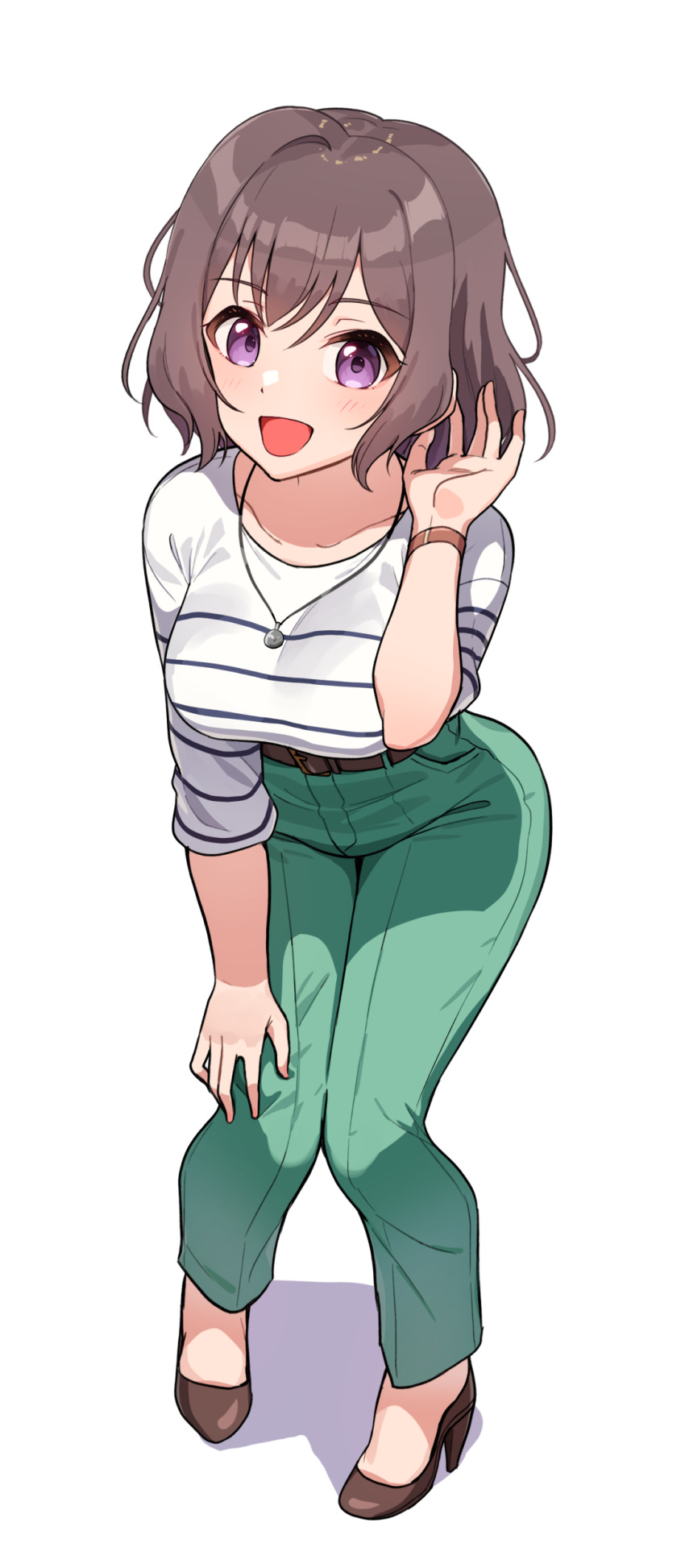 1girl absurdres blush breasts brown_hair brown_shoes collarbone full_body gakuen_idolmaster green_pants high_heels highres idolmaster jewelry kamille_(vcx68) leaning_forward looking_at_viewer medium_breasts necklace neo_asari pants purple_eyes shirt shoes short_hair simple_background smile solo striped_clothes striped_shirt watch white_background white_shirt wristwatch