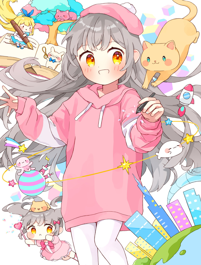3girls :3 absurdres ball blonde_hair blue_bow blue_bowtie blue_hairband blush blush_stickers book bow bow_hairband bowtie building candy chain chibi choppy_bangs colorful commentary cube dot_nose drawstring dress earth_(planet) english_commentary floating_hair food frilled_dress frills glasses grey_hair hair_bow hairband hands_up happy hat highres holding holding_candy holding_food holding_pen holding_stylus hood hoodie long_hair long_hoodie looking_at_another looking_at_object looking_at_viewer multiple_girls napo_(napo_illust) octagram octopus open_mouth orange_cat orange_eyes orbital_path original outstretched_arms palms pantyhose parted_lips pen pink_bow pink_bowtie pink_cat pink_dress pink_hat pink_hoodie pink_pantyhose planet pocket_watch pom_pom_(clothes) puffy_short_sleeves puffy_sleeves rocket santa_hat short_sleeves skyscraper sleeves_past_wrists smile solo_focus spread_fingers standing star_(symbol) stylus tam_o&#039;_shanter tree twintails very_long_hair watch writing