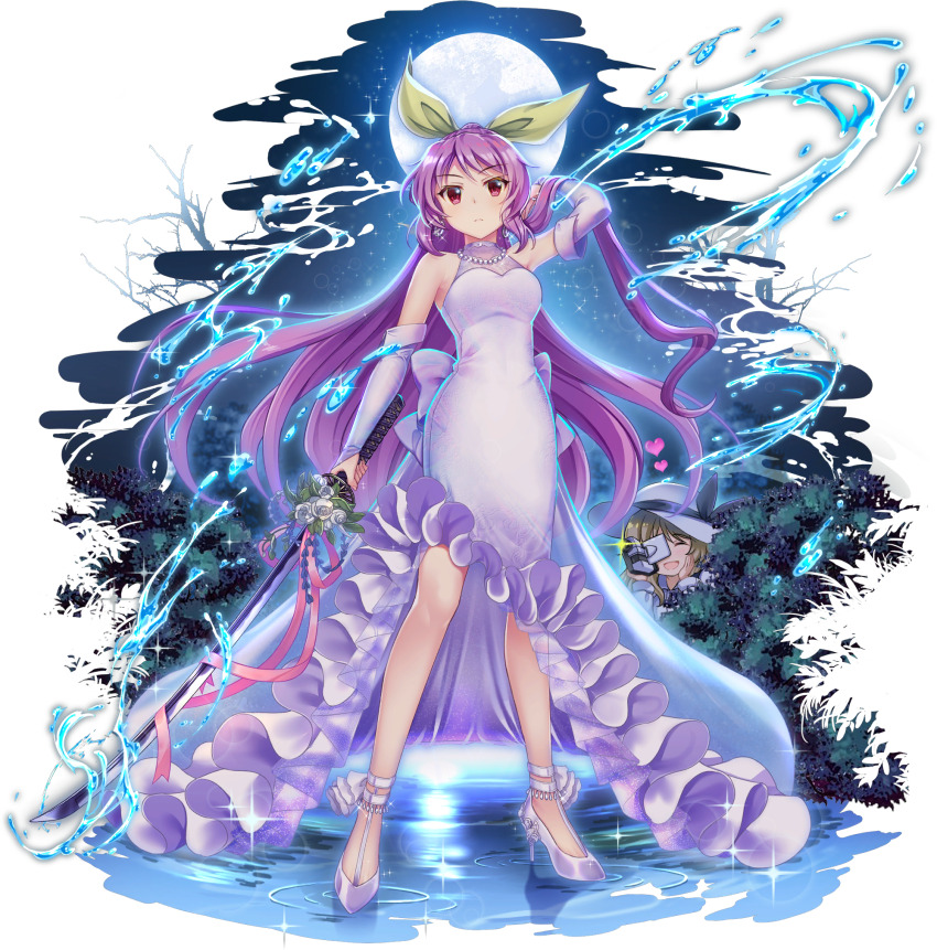 2girls adjusting_hair alternate_costume bare_shoulders blonde_hair breasts bush camcorder camera closed_mouth detached_sleeves dress flower flower_request full_moon game_cg hair_ribbon hiding high-low_dress high_heels highres holding holding_camera holding_sword holding_weapon katana long_dress long_hair looking_at_viewer medium_breasts moon multiple_girls night night_sky official_art open_mouth outdoors pink_ribbon purple_dress purple_eyes purple_hair purple_shoes purple_sleeves ribbon ripples rotte_(1109) shoes siblings sisters sky sleeveless sleeveless_dress smile star_(sky) sword third-party_source touhou touhou_lostword transparent_background very_long_hair video_camera watatsuki_no_toyohime watatsuki_no_yorihime watatsuki_no_yorihime_(exquisite_lunar_swordswoman) water weapon white_flower