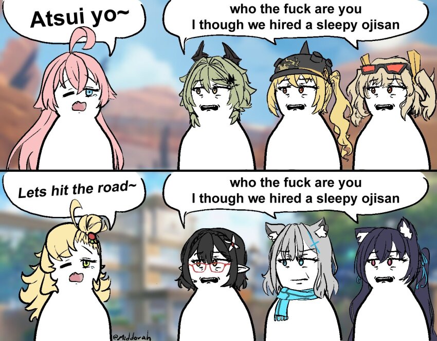 6+girls ahoge animal_ear_fluff animal_ears ayane_(blue_archive) black_hair blonde_hair blue_archive blue_eyes blue_scarf burnice_white caesar_king_(zenless_zone_zero) cat_ears elf english_text eyewear_on_head glasses green_eyes green_hair grey_hair hair_between_eyes hair_ornament halo helmet heterochromia hoshino_(blue_archive) long_hair luciana_de_montefio meme middovah multiple_girls open_mouth pink_hair piper_wheel pointy_ears red-framed_eyewear red_eyes ribbon scarf serika_(blue_archive) shiroko_(blue_archive) short_hair side_ponytail speech_bubble sunglasses trait_connection twintails who_the_fuck_are_you_people_i_thought_i_hired_goons_(meme) wolf_ears yellow_eyes zenless_zone_zero