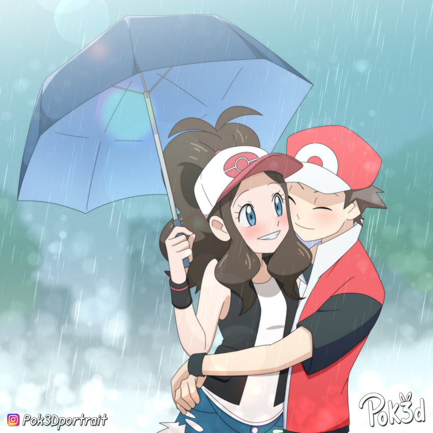 abstract_background absurdres armband baseball_cap blue_eyes blush brown_hair hand_on_another&#039;s_hip hat hetero highres hilda_(pokemon) hug nintendo pok3d pokemon pokemon_bw pokemon_frlg ponytail rain red_(pokemon) red_(pokemon_frlg) shorts umbrella vest