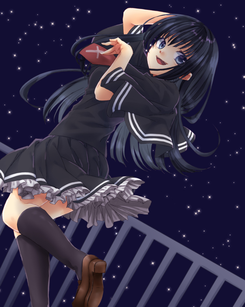 1girl absurdres black_capelet black_hair blue_eyes capelet highres long_hair looking_at_viewer necktie night night_sky red_necktie ririi_(ai-my_talikng) school_uniform skirt sky smile solo star_(sky) starry_sky takashima_zakuro tsui_no_sora tsui_no_sora_(remake)