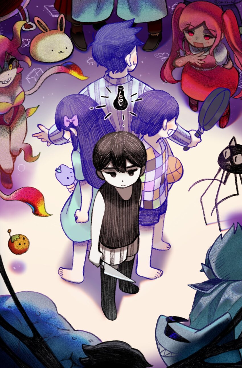 4girls 6+boys :d apron aubrey_(headspace)_(omori) aubrey_(omori) ball bare_arms bare_shoulders barefoot basketball_(object) biscuit_(omori) black_cat black_eyes black_hair black_socks black_tank_top blue_dress bow breasts brother_and_sister brothers brown_footwear brown_skirt captain_spaceboy cat checkered_clothes cleavage closed_mouth clothing_cutout colored_skin commentary double-parted_bangs doughie_(omori) dress elbow_carry forest_bunny_(omori) from_above frown frying_pan full_body gokun grin hair_between_eyes hair_bow hatching_(texture) hero_(headspace)_(omori) hero_(omori) highres holding holding_ball holding_frying_pan holding_knife holding_stuffed_toy jitome kel_(headspace)_(omori) kel_(omori) kneehighs knife leotard life_jam_guy_(omori) light_bulb long_hair long_skirt long_sleeves looking_at_another marina_(omori) mr._jawsum mr._plantegg_(omori) multiple_boys multiple_girls navel_cutout no_pupils omori omori_(omori) open_mouth perfectheart_(omori) pink_bow pink_dress pink_eyes pink_hair pink_leotard pleated_skirt pluto_(omori) purple_hair purple_shorts rabbit sharp_teeth shirt short_sleeves shorts siblings simple_background skirt smile socks spider_cat_(omori) stranger_(omori) strapless strapless_leotard striped_clothes striped_shirt striped_shorts stuffed_eggplant stuffed_toy sweatdrop tank_top teeth tentacles twins twintails u.f.o._(omori) vertical-striped_clothes vertical-striped_shirt vertical-striped_shorts white_apron white_shirt white_shorts white_skin yellow_eyes