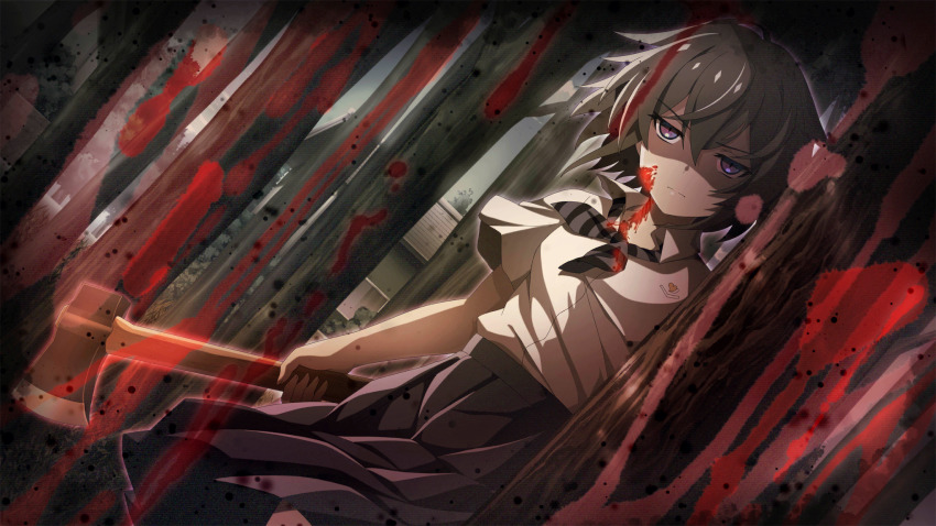 1girl axe blood blood_on_clothes blood_on_face blood_on_neck blue_skirt bow bowtie closed_mouth collared_shirt cowboy_shot dutch_angle film_grain game_cg grey_hair hair_between_eyes highres higurashi_no_naku_koro_ni higurashi_no_naku_koro_ni_mei holding holding_axe kimiyoshi_kazuho non-web_source official_art outdoors pleated_skirt purple_eyes school_uniform shirt short_hair short_sleeves skirt solo st._lucia_academy_school_uniform standing striped_bow striped_bowtie striped_clothes summer_uniform tree wet_lens white_shirt