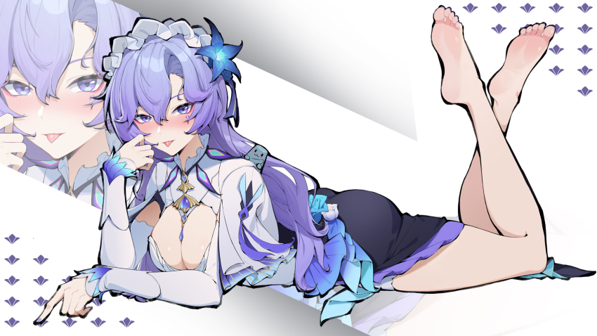1girl barefoot blush cantarella_(wuthering_waves) feet gangjin highres long_hair looking_at_viewer lying on_stomach purple_eyes purple_hair soles the_pose toes tongue tongue_out wuthering_waves
