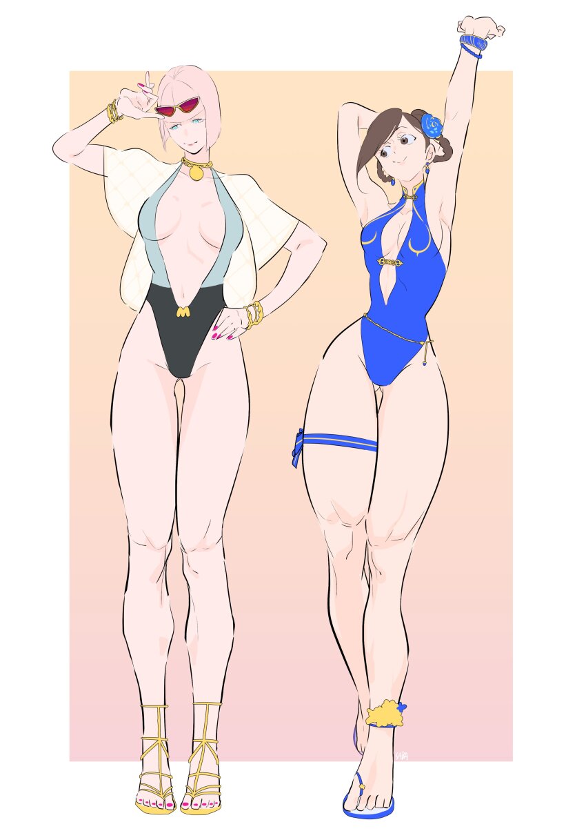 2girls absurdres adjusting_eyewear armpits bare_legs blue_one-piece_swimsuit bob_cut bracelet breasts brown_hair capcom caxqov chun-li cleavage double_bun eyewear_on_head gluteal_fold hair_bun highres jewelry manon_legrand multiple_girls nail_polish navel official_alternate_costume official_alternate_hairstyle one-piece_swimsuit pink_hair pink_nails sandals street_fighter street_fighter_6 stretching sunglasses swimsuit thigh_gap thighlet toenail_polish toenails toes