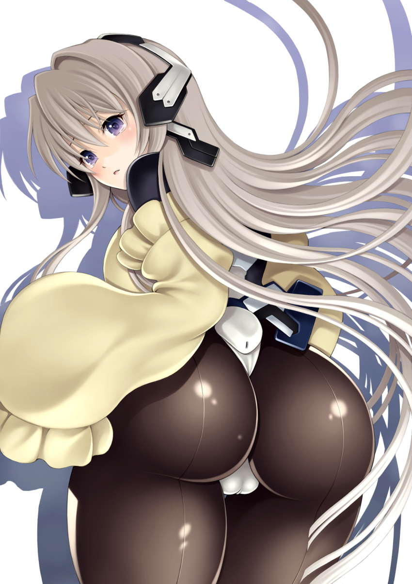 1girl ass back blue_eyes blush breasts cameltoe cowboy_shot female_focus from_behind grey_hair highres horizon_ariadust kyoukaisenjou_no_horizon large_breasts long_hair looking_back pantyhose solo syoma tearing_up