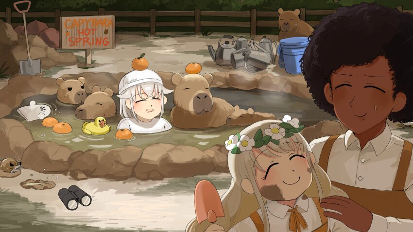 3girls absurdres afro binoculars bird brown_overalls bucket capybara capybara_keeper_(diva) closed_eyes clothed_bath commentary dark-skinned_female dark_skin diva_(hyxpk) donut_stamp drooling duck english_commentary fence food fruit grey_hair hat head_wreath highres kettle long_hair mandarin_orange mole_(animal) mouth_drool multiple_girls onsen overalls penguin_keeper_(diva) rabbit_keeper_(diva) rubber_duck shirt short_hair shovel slice_of_life smile trowel white_hat white_shirt zoo zookeeper zookeepers_(diva)