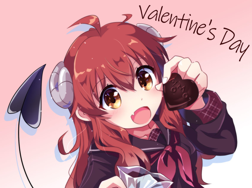 1girl :d black_sailor_collar black_serafuku brown_eyes chocolate commentary_request curled_horns demon_girl demon_horns demon_tail fang food gradient_background highres holding holding_chocolate holding_food horns long_hair long_sleeves looking_at_viewer machikado_mazoku n88_colpla open_mouth pink_background red_hair red_neckwear sailor_collar school_uniform serafuku skin_fang smile solo tail upper_body valentine yoshida_yuuko_(machikado_mazoku)