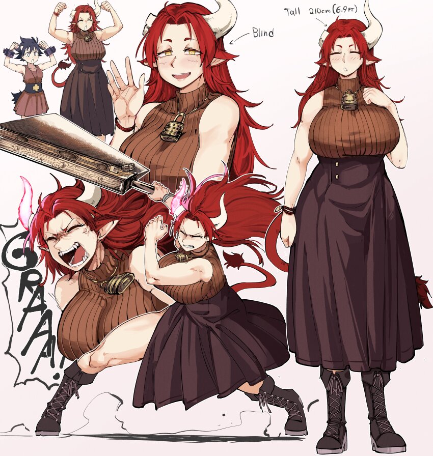2girls absurdres antares_topaz axe blind breasts broken_horn cow_tail cross-laced_footwear cygni_boreas_lluminal energy_horns english_text fangs fighting_stance ganymede_(antares_topaz) high-waist_skirt highres holding holding_axe horns huge_breasts lock_necklace minotaur multiple_girls multiple_views open_mouth original pointy_ears red_hair ribbed_vest shouting skirt solo_focus tail teeth waving white_background yellow_eyes