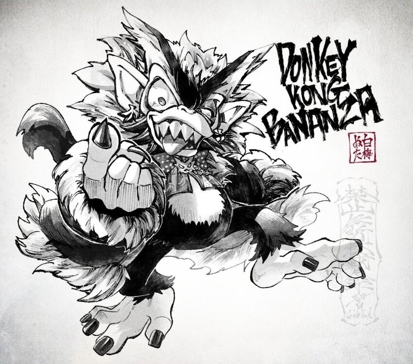 1boy coat copyright_name donkey_kong_(series) donkey_kong_bananza earrings facing_viewer full_body greyscale index_finger_raised jewelry kurotake_ihi looking_at_viewer monkey monochrome nintendo sharp_teeth sharp_toenails smile solo teeth toenails void_kong