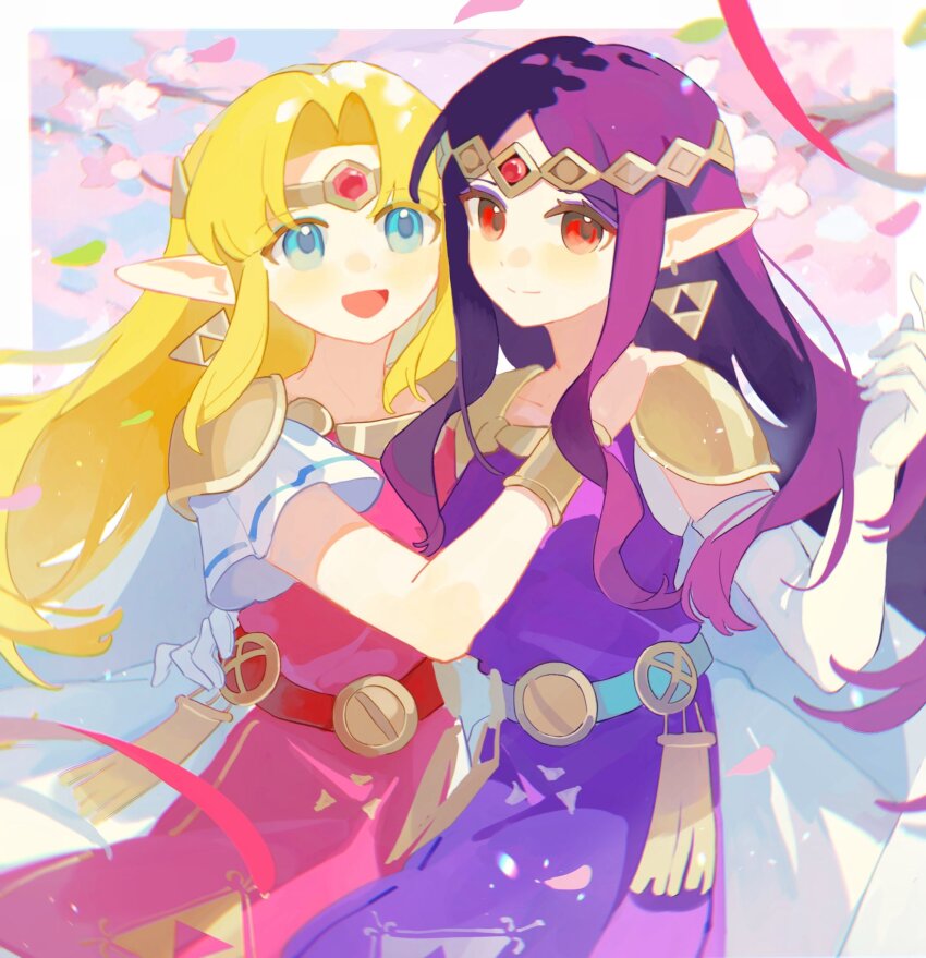 2girls :d blonde_hair blue_eyes blush cherry_blossoms cherry_tree closed_mouth commentary cowboy_shot dress elbow_gloves forehead_jewel gloves highres middle_part mmmaki_0 multiple_girls nintendo open_mouth outside_border pale_skin pink_dress pointy_ears princess princess_hilda princess_zelda purple_dress red_eyes selfcest sidelocks smile split_mouth symbol-only_commentary the_legend_of_zelda the_legend_of_zelda:_a_link_between_worlds tiara triforce triforce_print wavy_hair white_gloves yuri