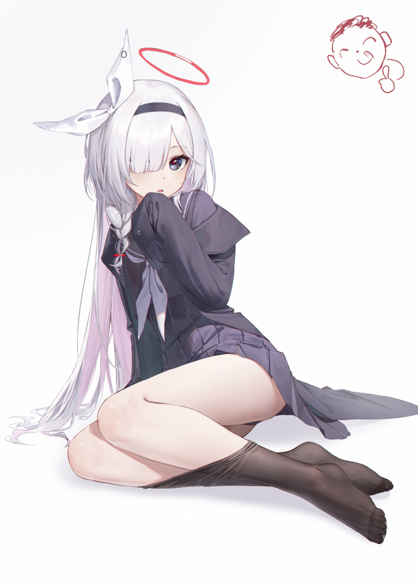 1boy 1girl :o plana_(blue_archive) absurdres doodle_sensei_(blue_archive) black_coat black_eyes black_hairband black_pantyhose black_sailor_collar black_shirt black_skirt blue_archive blush braid clothes_pull coat colored_inner_hair commentary_request eyelashes feet full_body hair_over_one_eye hair_ribbon hairband halo hand_up highres legs long_hair long_sleeves looking_at_viewer multicolored_hair neckerchief no_shoes off_shoulder one_eye_covered open_clothes open_coat open_mouth panties pantyhose pantyhose_pull pantyshot parted_bangs pink_hair pleated_skirt red_pupils revision ribbon sailor_collar school_uniform sensei_(blue_archive) serafuku shirt side_braid sidelocks simple_background single_braid sitting skirt sleeves_past_fingers sleeves_past_wrists soeyumi solo_focus toenails toes two-tone_hair underwear very_long_hair white_background white_hair white_neckerchief white_ribbon