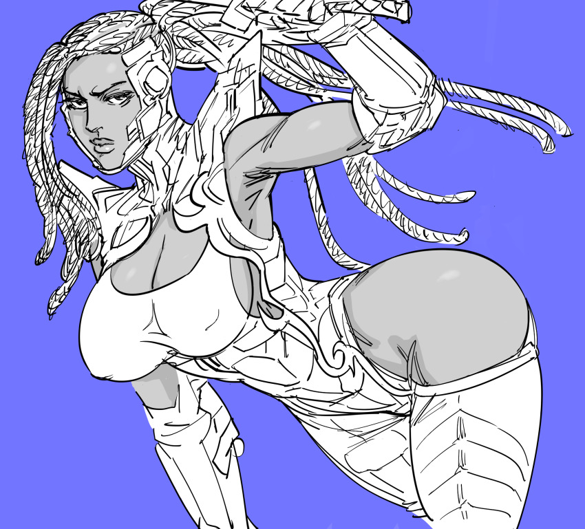 1girl bad_id bare_shoulders bb_(baalbuddy) bent_over breasts closed_mouth clothing_cutout covered_erect_nipples dark-skinned_female dark_skin dreadlocks female_focus hand_up highres hip_vent holding inactive_account large_breasts leotard long_hair looking_at_viewer master_raven monochrome multiple_monochrome namco purple_background purple_theme side_cutout simple_background solo standing tekken tekken_7