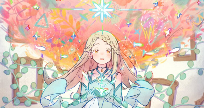 1girl absurdres bare_shoulders blonde_hair blush braid braided_bangs detached_sleeves dress gakuen_idolmaster hageringo highres idolmaster koukei_(idolmaster) long_hair open_mouth plant shinosawa_hiro smile solo upper_body vines