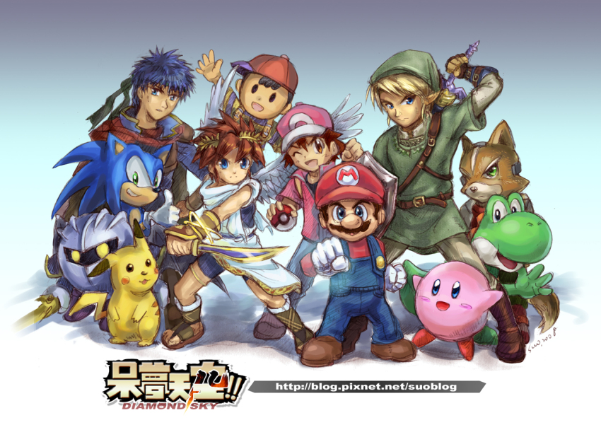 baseball_cap blush_stickers boots brown_boots brown_eyes brown_shoes chibi child crossover facial_hair fire_emblem fire_emblem:_path_of_radiance fox_mccloud furry gen_1_pokemon hat holding holding_poke_ball ike_(fire_emblem) kid_icarus kid_icarus_uprising kirby kirby_(series) link male_focus mario mario_(series) meta_knight mother_(series) mother_2 multiple_boys multiple_crossover mustache ness_(mother_2) nintendo one_eye_closed pikachu pit_(kid_icarus) poke_ball pokemon pokemon_frlg pxl_(pxltw) red_(pokemon) shoes sonic_(series) sonic_the_hedgehog spiked_hair star_fox striped_hair super_smash_bros. the_legend_of_zelda the_legend_of_zelda:_twilight_princess yoshi