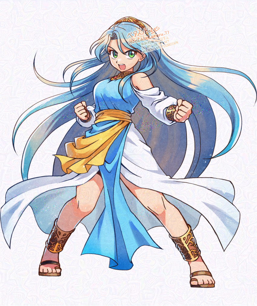 1girl :o absurdres adversarial_noise anklet artist_name bare_shoulders betabetamaru blue_dress blue_hair breasts clenched_hands commentary_request dress fighting_stance floating_hair full_body gold_anklet gold_hairband gold_sandals green_eyes hairband highres jewelry layered_dress long_hair long_sleeves looking_at_viewer madou_monogatari madou_monogatari_ars medium_breasts open_mouth pelvic_curtain puyopuyo rulue_(puyopuyo) sandals sash serious signature simple_background solo standing teeth twitter_username upper_teeth_only v-shaped_eyebrows very_long_hair watermark white_background white_dress yellow_sash