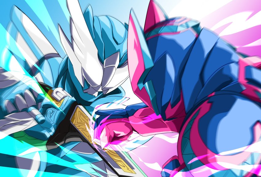 2boys aqua_background aura battle brothers clenched_hand face-to-face fighting gloves highres holy_live kamen_rider kamen_rider_live kamen_rider_revi kamen_rider_revice kamen_rider_ultimate_revi livegun miyabi_(037) multiple_boys pink_background pink_gloves punching siblings upper_body visor visor_(armor) wing_genome