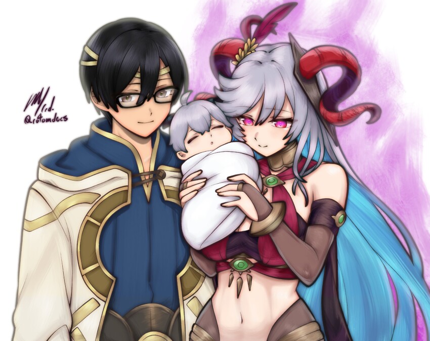 1boy 1girl baby black_eyes black_hair breasts carrying carrying_baby carrying_person cosplay couple dorothea_arnault dorothea_arnault_(plegian) dorothea_arnault_(plegian)_(cosplay) fire_emblem fire_emblem_heroes freyja_(fire_emblem) glasses hetero highres horns if_they_mated kiran_(fire_emblem) kiran_(male)_(fire_emblem) large_breasts long_hair navel nintendo pink_eyes rotomdocs white_hair