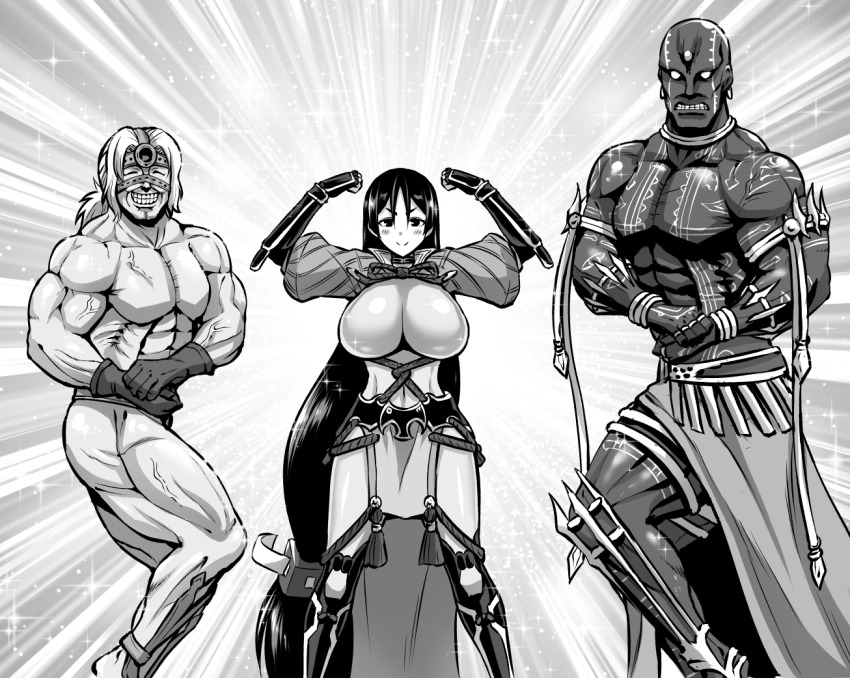 1girl 2boys abs armlet armor bald belt biceps blush bodysuit breasts darius_iii_(fate) dark-skinned_male dark_skin earrings fate/grand_order fate_(series) flexing gloves greyscale grin huge_breasts japanese_armor jewelry kanno_takanori kote long_hair low-tied_long_hair manly mask minamoto_no_raikou_(fate) monochrome multiple_boys muscular no_pupils pectorals ponytail smile sparkle spartacus_(fate) standing tattoo teeth topless_male trait_connection veins very_long_hair