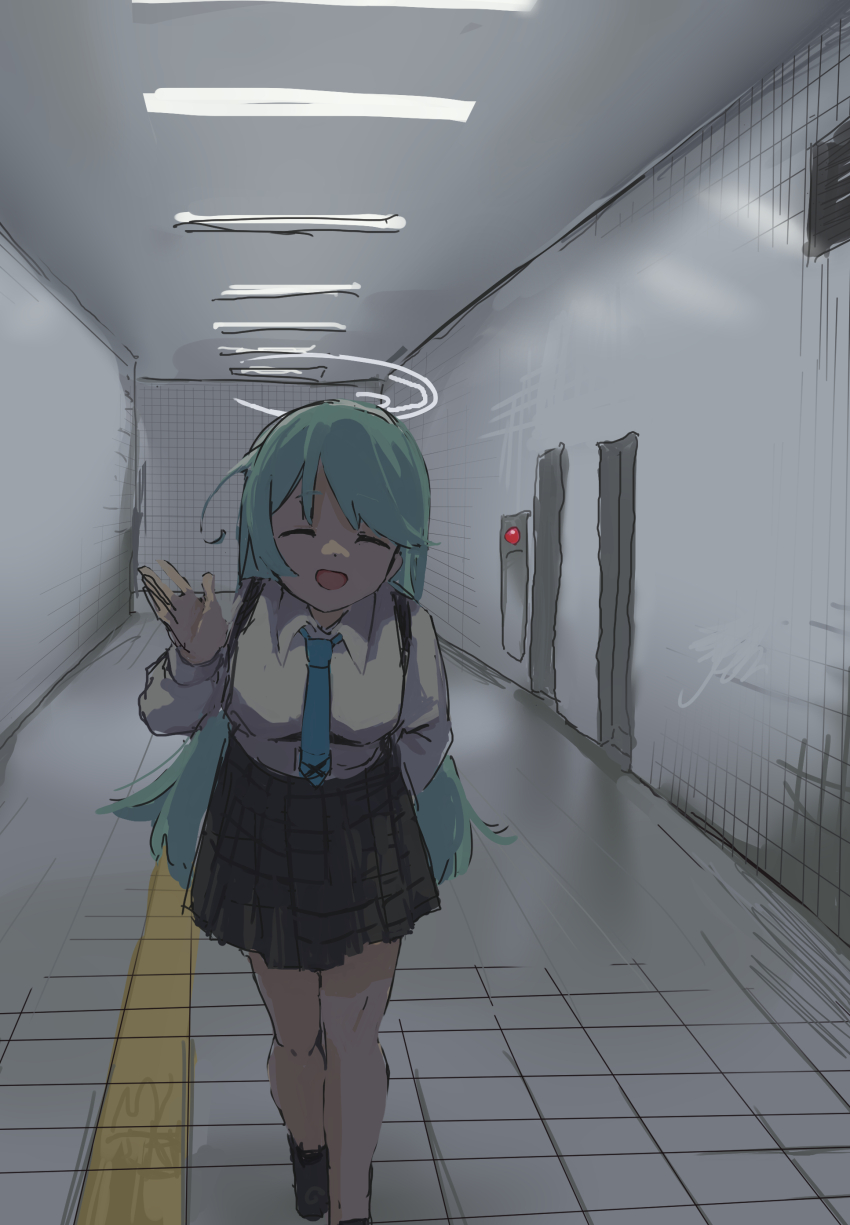 1girl absurdres aqua_hair blue_archive blue_necktie ceiling ceiling_light closed_mouth commentary_request facing_viewer hallway halo highres indoors leaning_forward long_hair mano_eglu necktie open_mouth pleated_skirt revision school_uniform shaded_face shirt sketch skirt smile solo subway_station the_exit_8 tile_floor tiles walking waving white_shirt yume_(blue_archive)