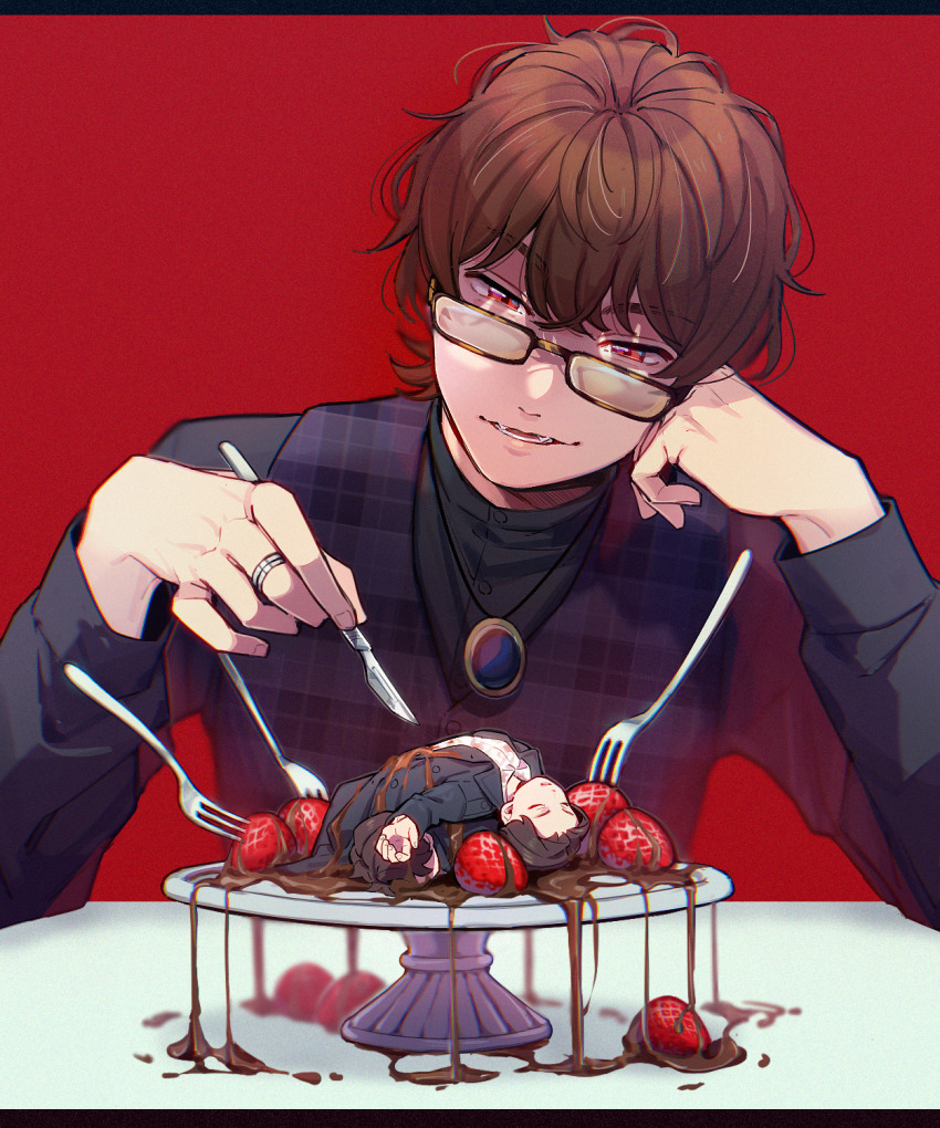 2boys aam09212 brown_hair chocolate closed_eyes food fork fruit glasses highres holding holding_scalpel jewelry kamen_rider kamen_rider_gavv_(series) karakida_hanto male_focus multiple_boys plate red_background scalpel short_hair simple_background smile solo strawberry suga_kenzo upper_body