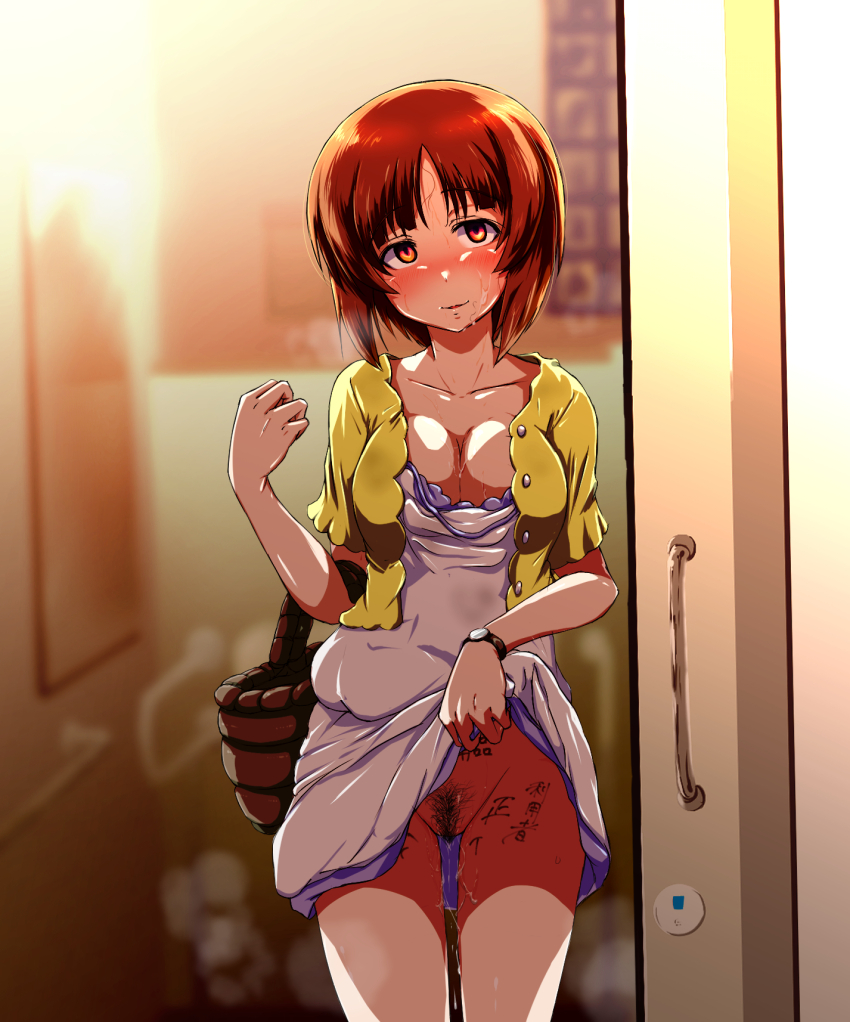 1girl after_vaginal aftersex backlighting basket blush body_markings body_writing breasts brown_eyes brown_hair cleavage clothes_lift collarbone commentary_request dress dress_lift empty_eyes fluid_on_breasts girls_und_panzer halter_dress halterneck highres holding holding_basket holding_picnic_basket implied_sex jacket kabutowari looking_at_viewer nishizumi_miho no_bra no_panties open_door open_mouth picnic_basket pubic_hair public_restroom pussy_juice shirt short_dress short_hair short_sleeves sliding_doors solo spaghetti_strap strap_slip sundress sweat sweatdrop tally textless_version toilet watch white_dress wristwatch yellow_jacket yellow_shirt