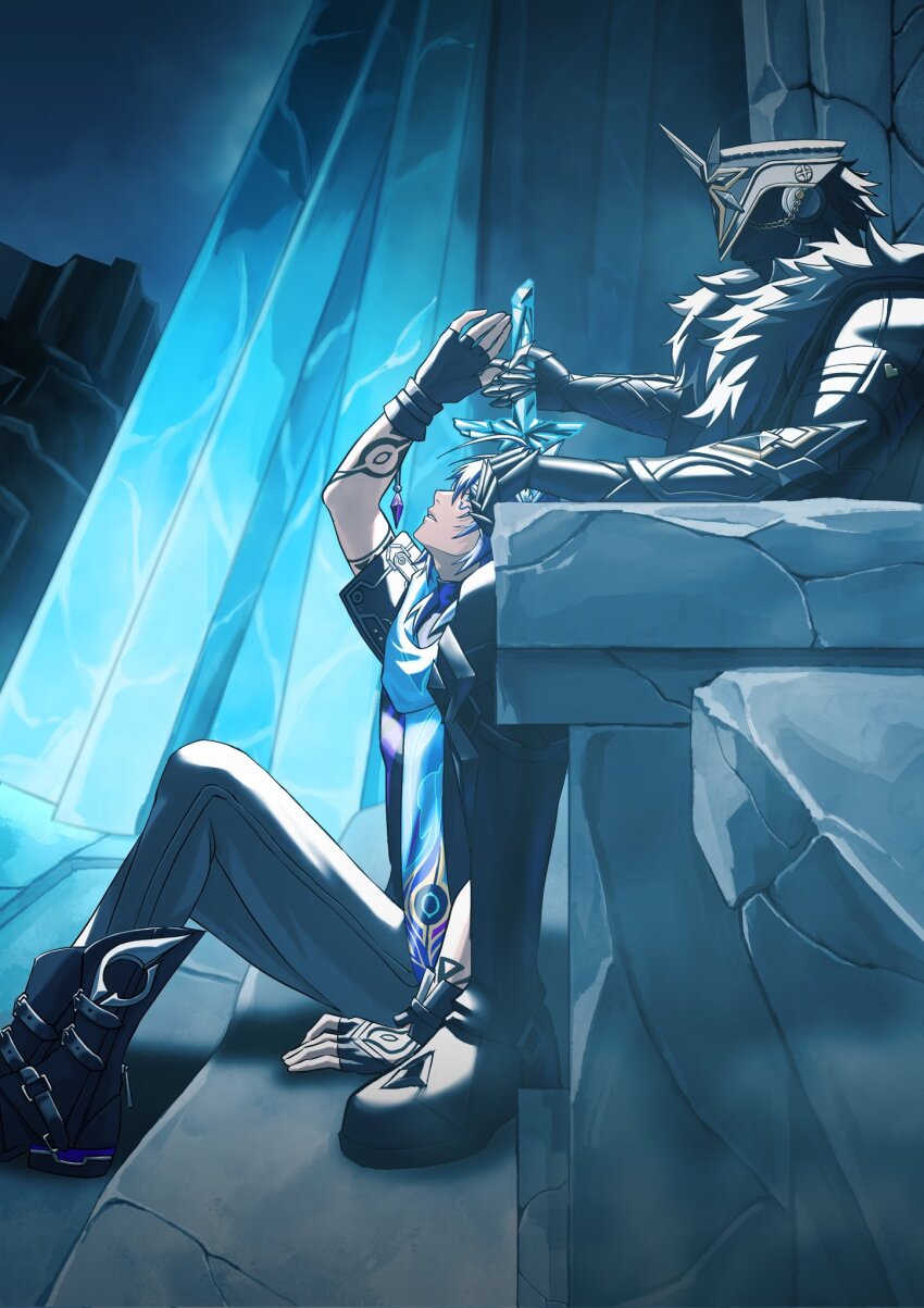 2boys animal_ears arm_tattoo bat_ears black_footwear black_gloves black_helmet black_jacket black_shirt blue_eyes blue_hair blue_scarf boots capitano_(genshin_impact) clawed_gauntlets coat faceless faceless_male facial_mark fatui_coat fingerless_gloves from_side fur-trimmed_coat fur_trim genshin_impact gloves grey_pants hand_up helmet highres holding holding_sword holding_weapon hood hooded_jacket ice jacket male_focus mask medium_hair muazxart multiple_boys night night_sky ornate_weapon ororon_(genshin_impact) outdoors pants planted planted_sword planted_weapon purple_shirt scarf shirt sitting sky sleeveless sleeveless_shirt spiked_helmet stairs sword tattoo weapon yaoi