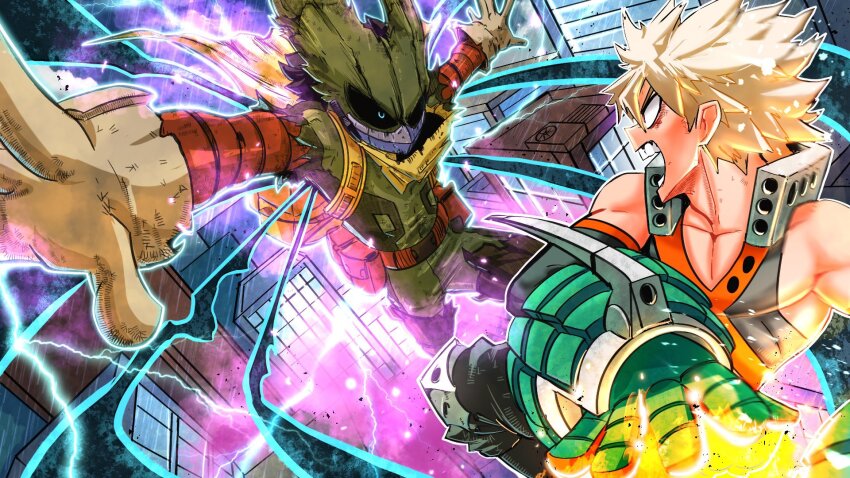 2boys backpack bag bakugou_katsuki belt_pouch black_hair black_whip_(boku_no_hero_academia) blonde_hair boku_no_hero_academia building cityscape elbow_gloves electricity gauntlets gloves green_eyes highres looking_at_another male_focus mask midoriya_izuku multiple_boys open_mouth pouch rain scarf sleeveless sonchapo superhero_costume teeth torn_clothes torn_mask torn_scarf