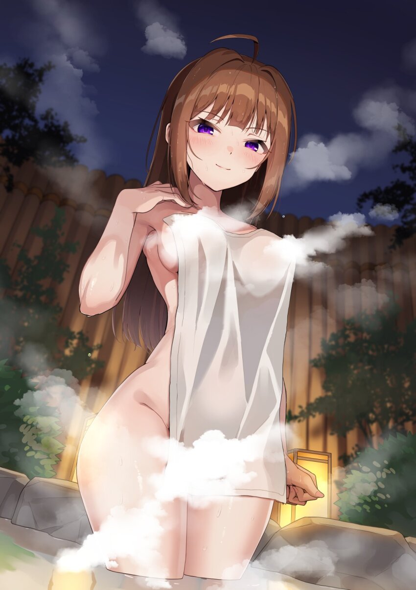 1girl ahoge bamboo_fence blunt_bangs blush breasts brown_hair commentary_request convenient_censoring covering_privates fence groin highres idolmaster idolmaster_million_live! kamille_(vcx68) lantern light_smile long_hair looking_at_viewer medium_breasts night night_sky nude_cover onsen paid_reward_available purple_eyes sideboob sky solo steam steam_censor straight_hair very_long_hair wading yokoyama_nao